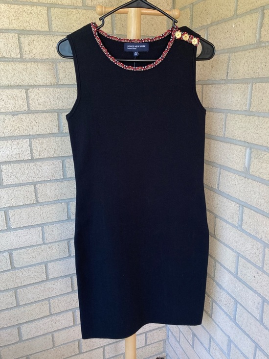 Dresses & Skirts - Jones New York Black Ribbed Knit Dress Sleeveless Geometric Trim Sweater Dress